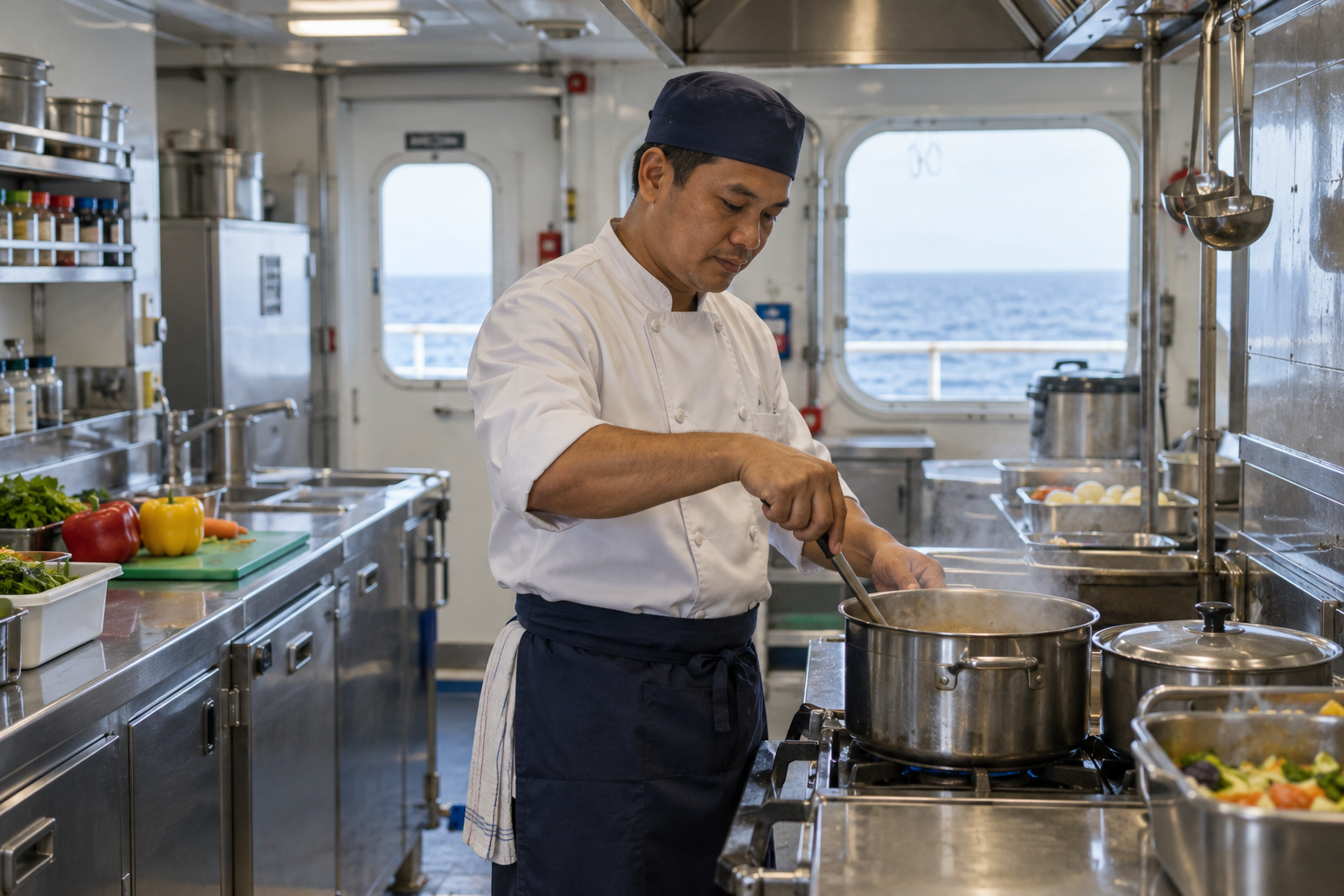 Ship cook preparing a meal in the galley