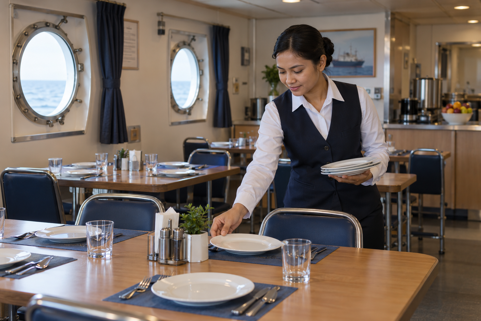 Steward setting a shipboard dining table