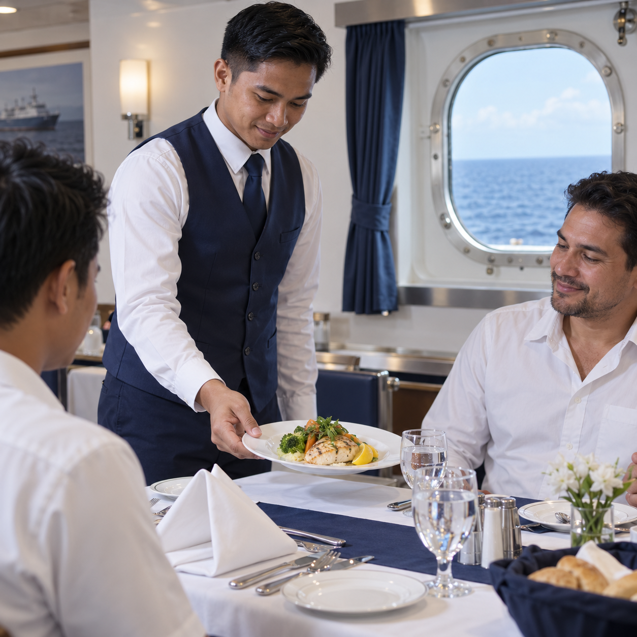 Illustration of a ship steward serving a meal at a neatly set dining table